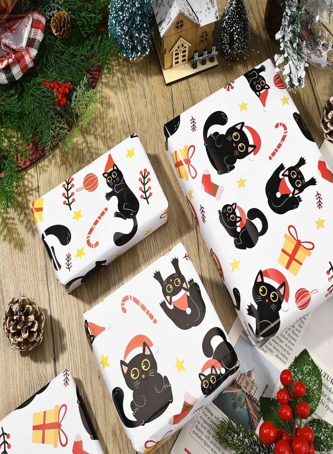 Bolsome 12 Sheets Cat Christmas Wrapping Paper Adorable Cartoon Xmas Black Kitty in Santa Hats Gift Wrap Paper for Holiday Xmas Party Celebration, 20" x 28" (Cat) - Image 5